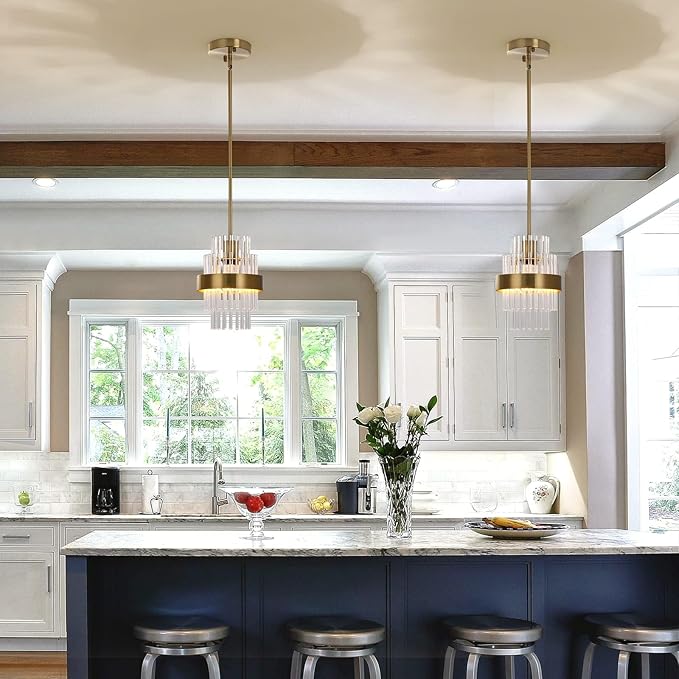 Pendant Light Fixtures, 7inch Modern Glass Pendant Lighting, Brass Color Kitchen Island Pendant Lights, Height Adjustable Pendant Lighting (Brass Color, 1 Pack)