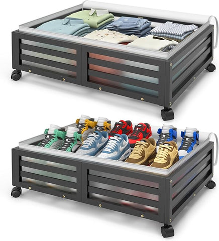 Under Bed Storage with Wheels-Large Bamboo Underbed storage Containers with Large Dust Bag Stackable Under the Bed Shoe Storage Bins for Clothes Books Bedding (2 Packs Black, 23.62"L×16.54"W× 6.51"H)