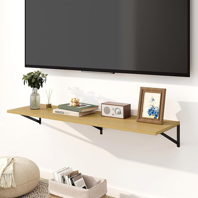 Fun Memories Floating Shelves for Wall, 12 Inch Deep Floating Shelves Set of 2, 48W x 12D Large Wall Shelf with Sturdy Metal Brackets for Living Room, Bathroom, Bedroom and Kitchen, Oak