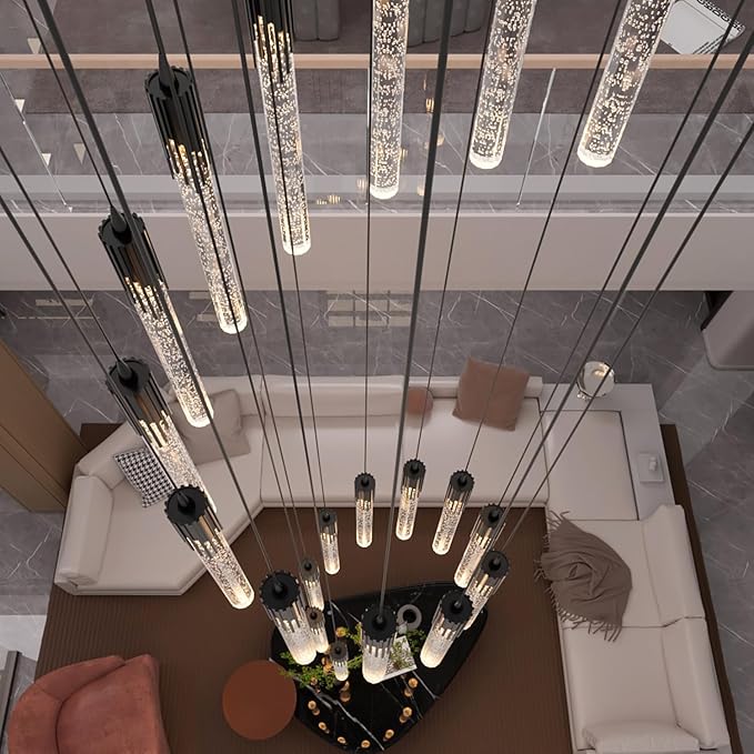 Flashing God Black 20 Lights High Ceiling Chandelier Modern Dimmable Light Fixtures Foyer Chandeliers Pendant Lighting Crystal Ceiling Chandelier Fixtures for Villa Staircase Hallway 11.5feet Long