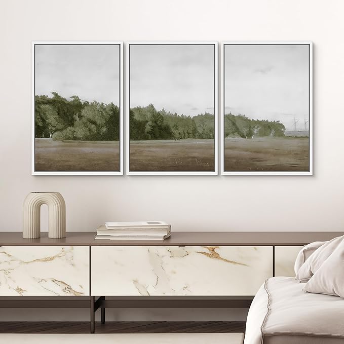 SIGNWIN Framed Canvas Print Wall Art Set Cloudy Sky Over Green Forest Clearing Nature Wilderness Illustrations Modern Art Chic Landscape for Living Room, Bedroom, Office - 24"x36"x3 White
