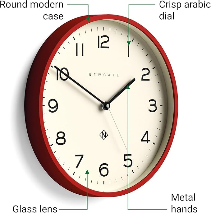 NEWGATE® Number Three Echo Wall Clock | Modern Round Clock | 14.5 inch | Red | Easy to Read Numbers | Ideal for Kitchen, Living Room or Office