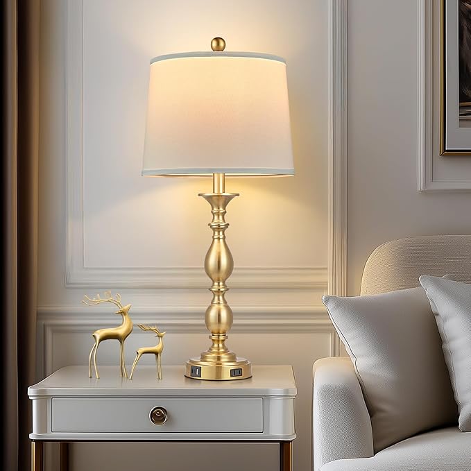 28" Tall Modern Table Lamps Set of 2 with USB C+A Ports and AC Outlet, 3 Way Touch Metal Bedside Lamps for Living Room, Gold Farmhouse Nightstand Lamps for Bedroom