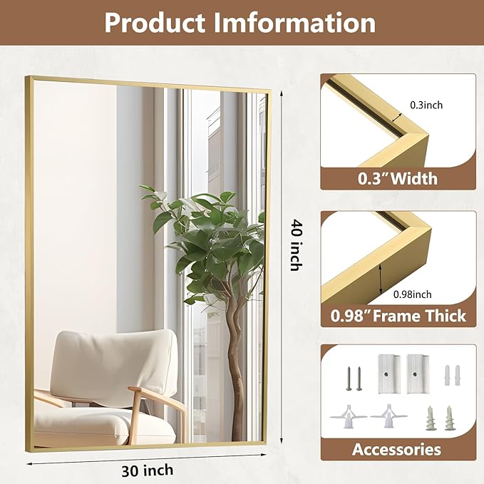 Gold Bathroom Mirror, 48"x30" Rectangle Mirror, Brushed Gold Mirror, Metal Frame Square Corner Vanity Mirror, Wall Mounted Mirror for Modern, Living Room, Bedroom, Horizontal Or Vertical