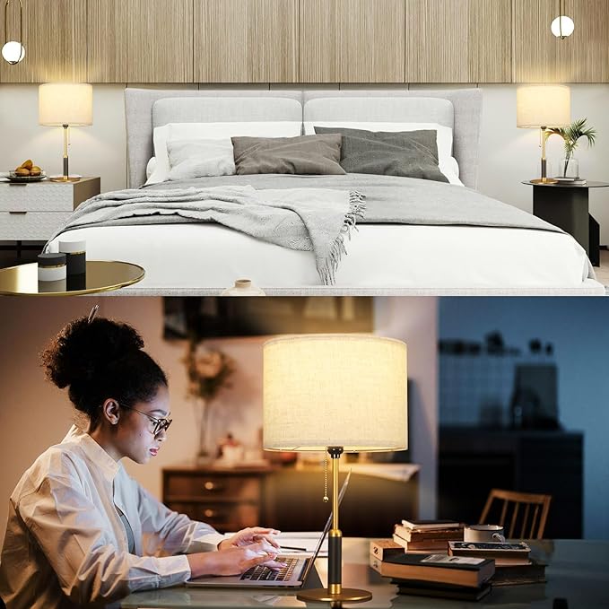 21" Set of 2 Modern Table Lamp Bedside Lamps for Bedroom Living Room Nightstand Lamp for End Tables 3-Color Temperatures Pull Chain Wood Fabric for Home Office Desk Decor (Light Brown+Brass)