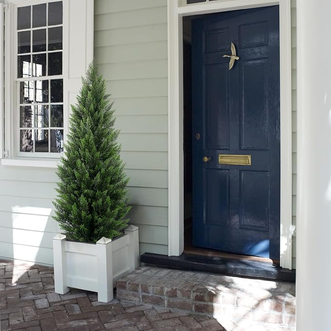 Artificial Topiary Cedar Trees 5FT Tall 2 Set, Outdoor Indoor Faux Pine Shrubs Plants, Realistic Fake Plants Front Porch Decor, Artificial Bushes Cypress for Home Front Door Offices