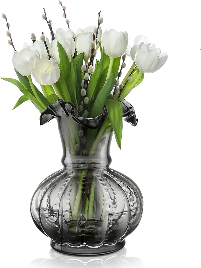 Joeyan Handmade Grey Glass Flower Vase,7.9" Vintage Decorative Urn Vase for Centrepieces Bouquet Wedding,Colored Thickened Pedestal Decorations for Rustic Home Living Room Office Farmhouse