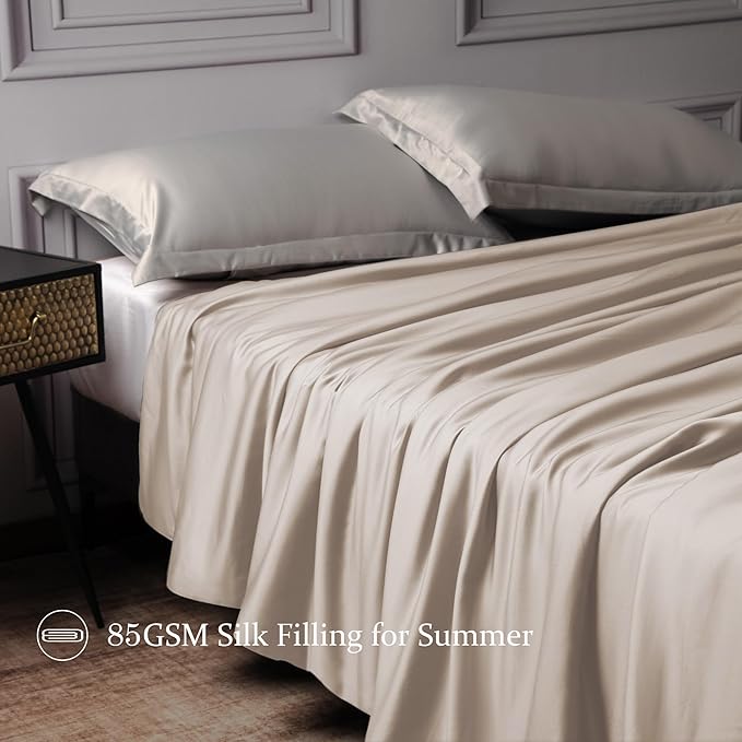 CUDDLE DREAMS Lightweight Silk Filled Comforter for Summer, Detachable Tencel Duvet Cover for Easy Care, Naturally Breathable (Light Pewter, King)