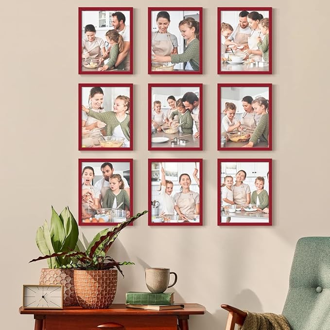 Renditions Gallery Set of 9, 8X10 Custom Photo Prints with Real Wood Picture Frames. Create Personalized Photos with Peel & Stick Photo Frames. Red Frame