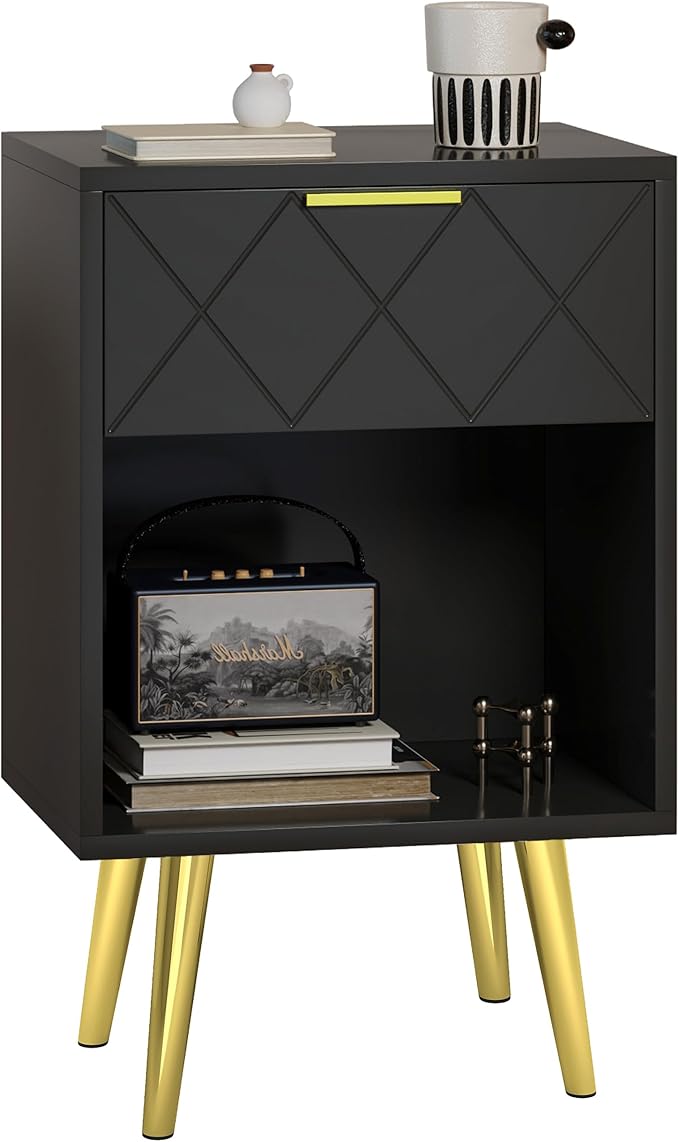 Black Nightstand, Bedside Table with Storage Drawer and Open Wood Shelf, Side Table with Gold Legs, Modern Style Night Stand End Table Drawer Dresser for Living Room Bedroom MLBZ19B