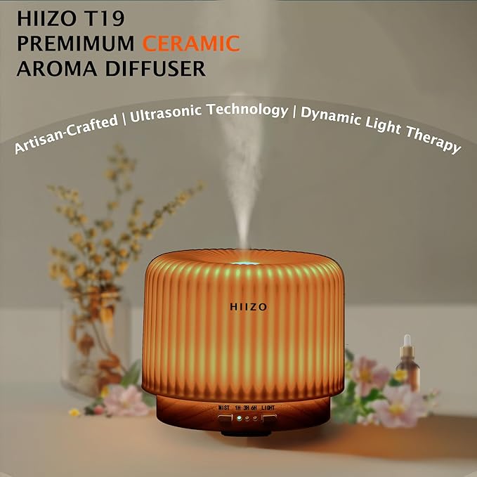 T19 Ceramic Aroma Diffuser – 200ml Ultrasonic Essential Oil Diffuser with Breathing Light, Auto-Off, Natural Wood Base, Handcrafted White Ceramic for Home Décor