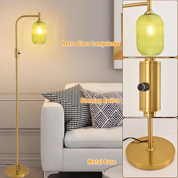Dimmable Brass Gold Floor Lamp, Mid Century Modern Standing Lamp with Ribbed Green Glass Lampshade,Tall Lamp for Living Room Bedroom Study Room