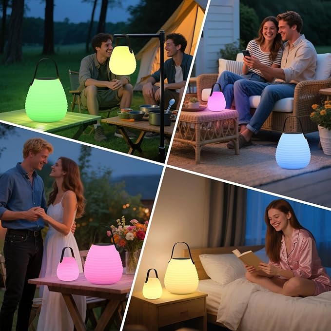 uuffoo 2-Pack Solar Table Lamp Outdoor Water-Resistant Portable Lantern with Remote and 8 Colors, Dimmable Cordless Lamp for Outside Garden Patio Camping Terrace