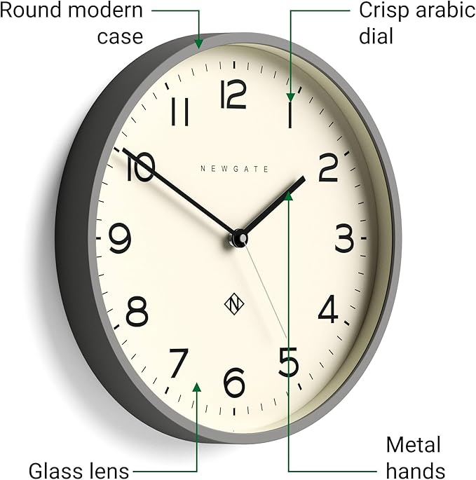 NEWGATE® Number Three Echo Wall Clock | Modern Round Clock | 14.5 inch | Posh Grey | Easy to Read Numbers | Ideal for Kitchen, Living Room or Office