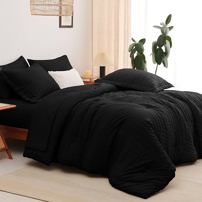 CozyLux Full Size Comforter Sets with Sheets Seersucker 7 Pieces Black Bed in a Bag Textured Luxury Soft Bedding Set with Down Alternative Comforter, Sheets, Pillowcases & Shams for All Seasons