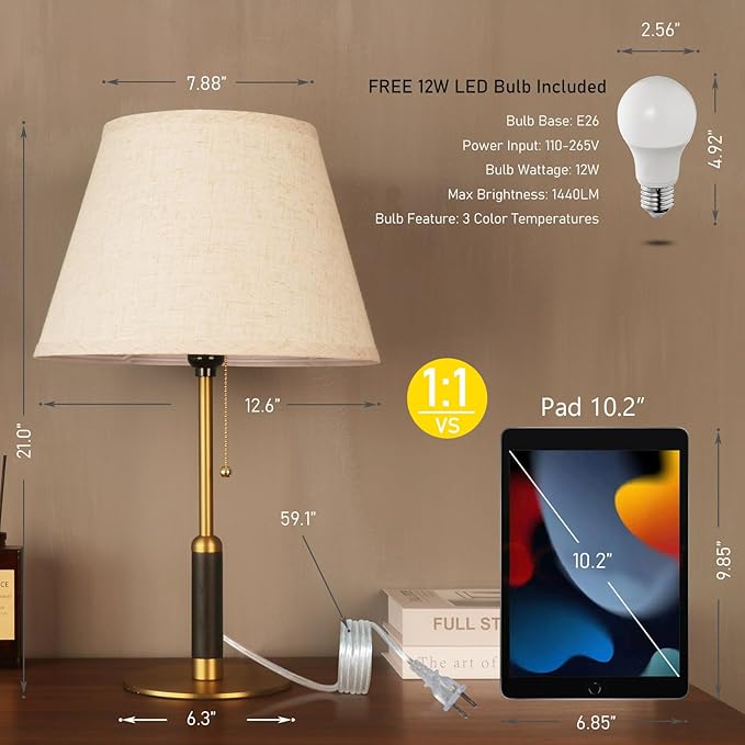 21" Bedside Lamps for Bedroom Living Room Modern Table Lamp Nightstand Lamp for End Tables 3-Color Temperatures Pull Chain Switch Wood Fabric for Home/Office/Desk Decor (Light Brown+Brass)