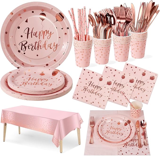 Birthday Party Tableware, 161 Pieces Pink and Rosegold Party Supplies, Party Dinnerware Sets Include Paper Plates Napkins Cups Silverware, for Shower Engagement Parties Decoration -20 Serves