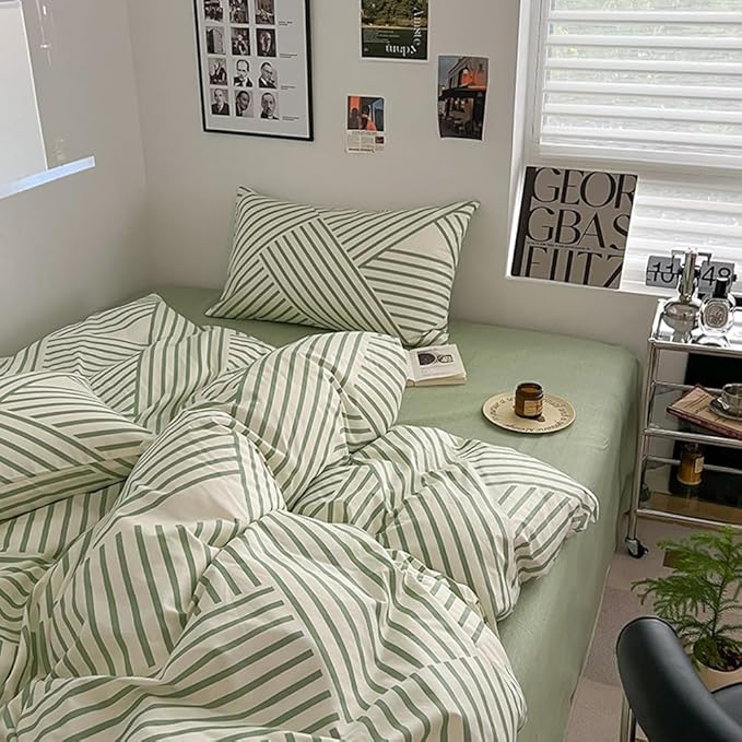VM VOUGEMARKET Green Stripes Duvet Cover King,Instagram Style Geometric Duvet Cover with Zipper Ties 100% Cotton Modern Fashion Bedding Set for Teens Adults