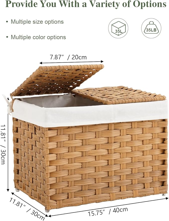 Storage Basket with Lid Woven Wicker Baskets with 2 Separate Lid, 9.2 Gallon (35 L) Wicker Storage Bins with Handles, Foldable and 2 Removable Liner Bags for Bedroom, Laundry Room Natural