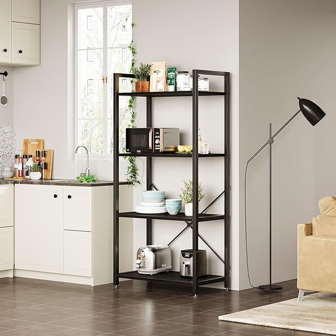 Casaottima Book Shelf, 4 Tier Bookshelf, Modern Wood Bookcase Shelves for Bedroom, Industrial Display Shelf for Living Room Home Office Kitchen, Standing Shelving Unit Storage Organizer, Black