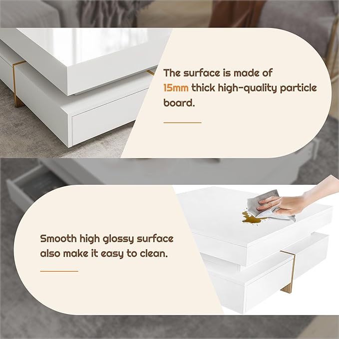 Modern Coffee Table with Storage, Contemporary Square Coffee Table with Drawers, High Gloss Modern Center Table for Living Room, Reception Room, Office, White, 31" D X 31" W X 11" H