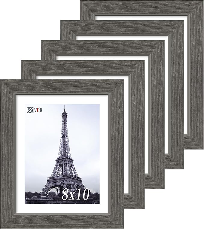 VCK 8x10 Picture Frame 5 Pack, Gray Solid Wood Frame, Exclusive Wood Grain, Wall Gallery Frame