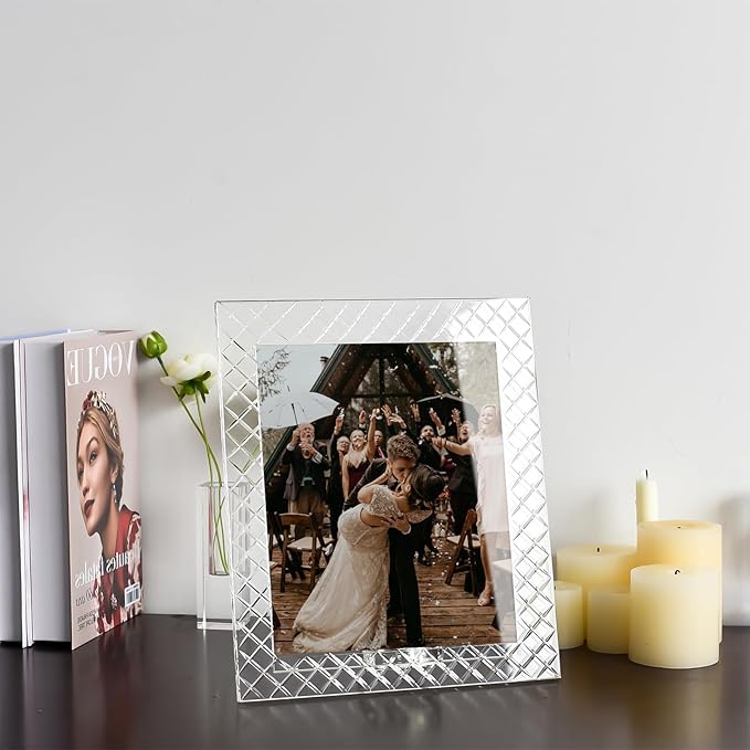 8''x 10'' Crystal Picture Frame for Wedding, Elegant Glass Photo Frame for Home & Office Decor, Decorative Design for Tabletop Display, Includes Luxury Gift Box (8x10inch)