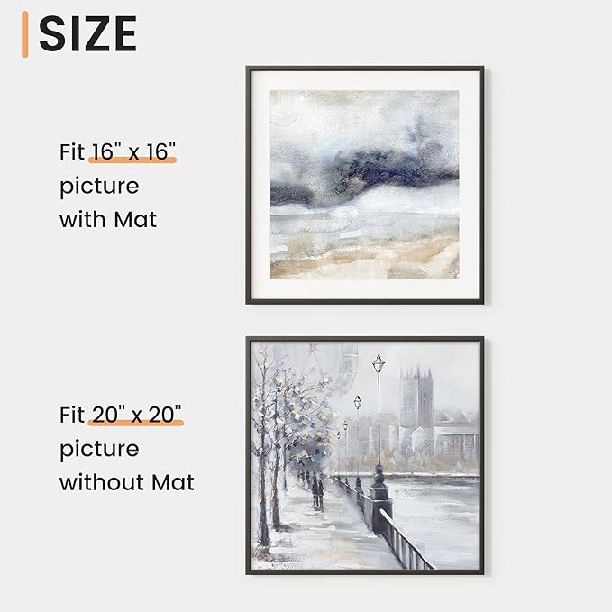 20x20 inch Metal Picture Frame - Thin Aluminum Square Photo Frames with 16x16 Removable Mat - High Definition Plexiglass - Vertical and Horizontal Display - Wall Hook Hanging Hardware Included - Black, Set of 4