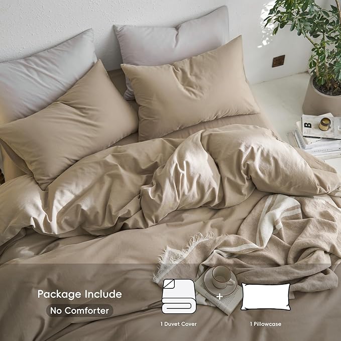 MooMee Twin Duvet Cover Set, 100% Washed Cotton Linen Like Twill Thick Sturdy Material Super Soft Breathable Durable Bedding for All Season, 2 Pieces (Mocha Brown, Twin 68"x90")