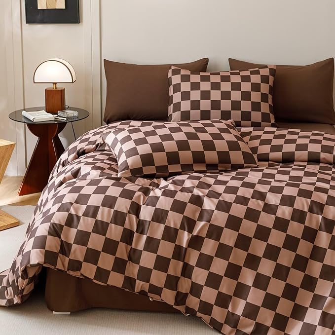 Luxlovery Brown Plaid Comforter Set Queen Coffee Grid Bedding Comforter Set Women Men Queen Size Soft Breathable Blanket Quilts Dark Brown Geometric 3pcs Bedding Set for Full Bed