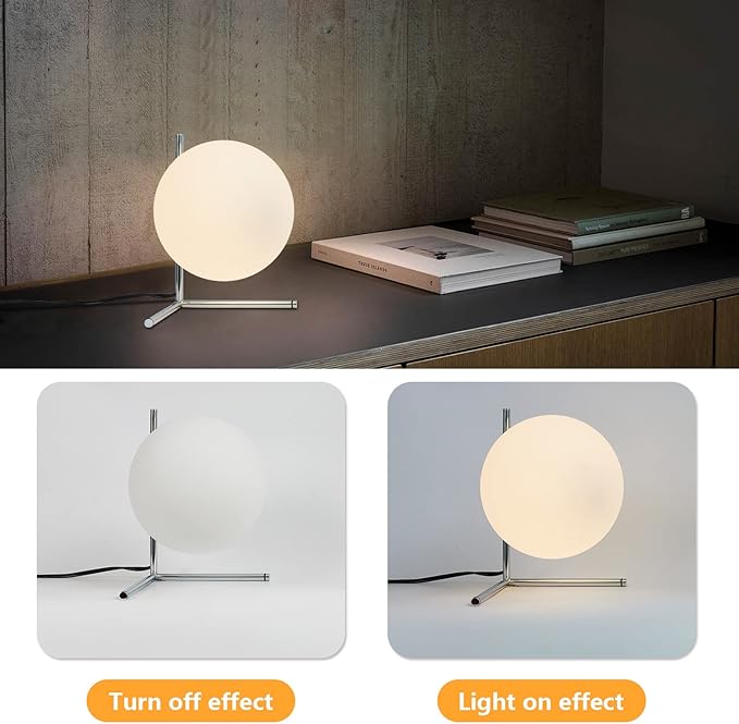 BOKT Modern Globe Table Lamp Chrome Simple Desk Lamp Bedside Nightstand Small Lamp Nordic Creative Design White Glass Ball Reading Lights for Study Living Room Bedroom Children Room Cabinet Farmhouse