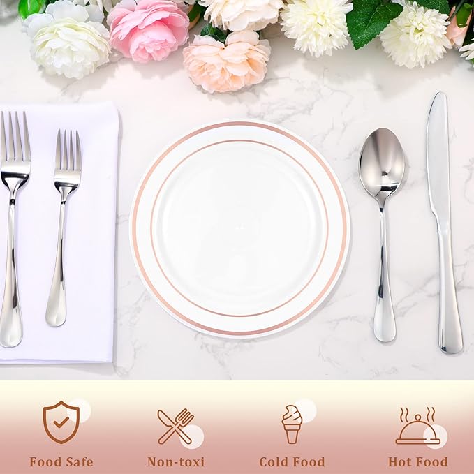 200 Pieces Disposable Plates Plastic Party Plates with Rim Hard Plastic Appetizer Salad Dessert 7.5 Inch Elegant Heavy Duty Tableware for Dinner Wedding Party Supplies(Rose Gold Rim)