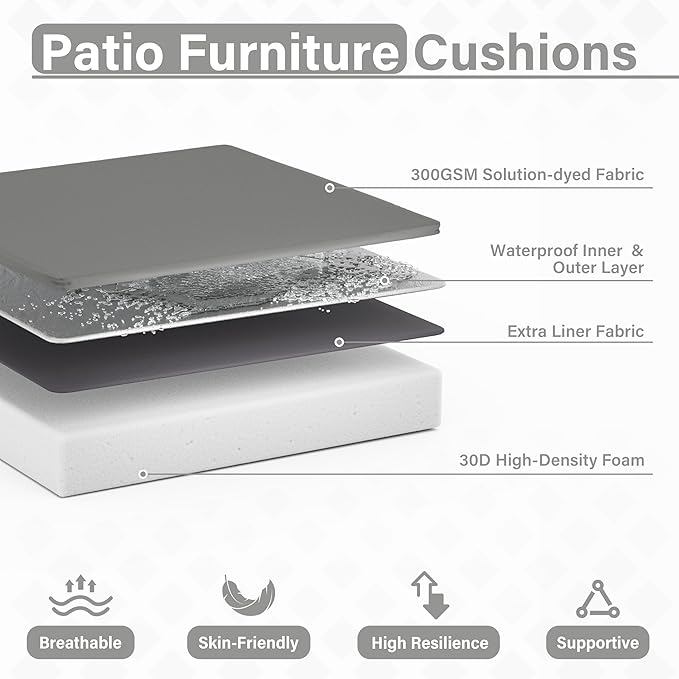 Patio Chair Cushions 17 X 16 X 3 Inch Waterproof Outdoor Seat Cushions for Patio Furniture, Outdoor Sofa Couch Pads with Ties & Handle, Set of 2, Light Grey