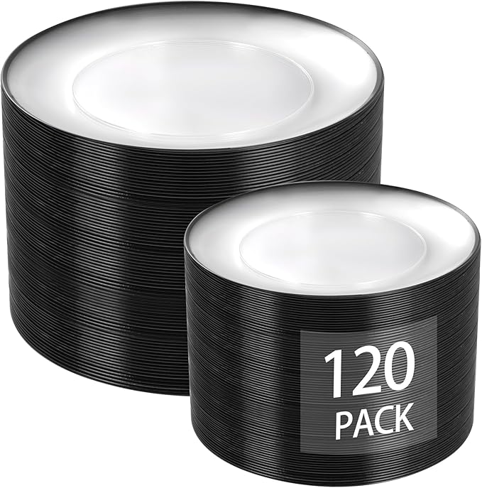 LIYH 120 Pcs Black Plates Disposable for Party - Clear Plastic Disposable Heavy Duty Plastic Party Wedding Plates Including 60 Dinner Plate 10.25" & 60 Dessert Plate 7.5 "
