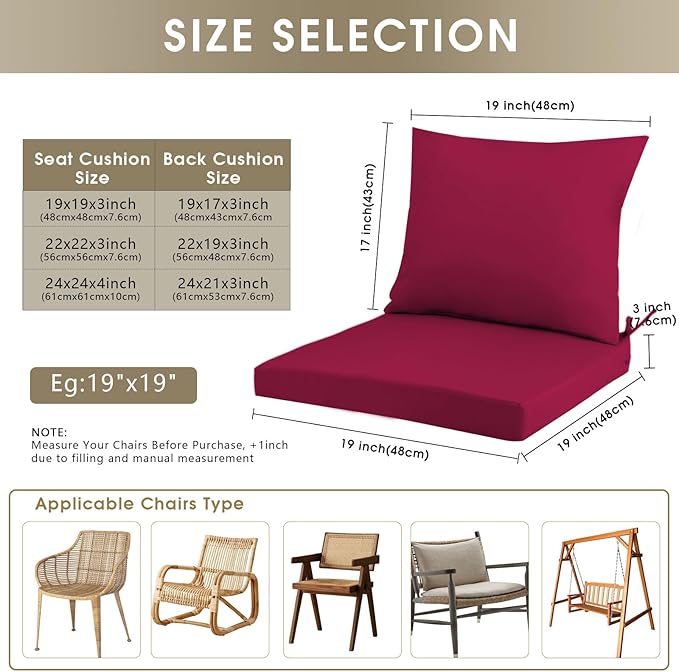Outdoor Seat Cushion Set 24 x 24 In, Water-Resistant & Fade-Resistan, Patio Furniture Cushions with Removable Cover Deep Seat & Back Cushion with Handle and Adjustable Straps for Chair Sofa,2PC
