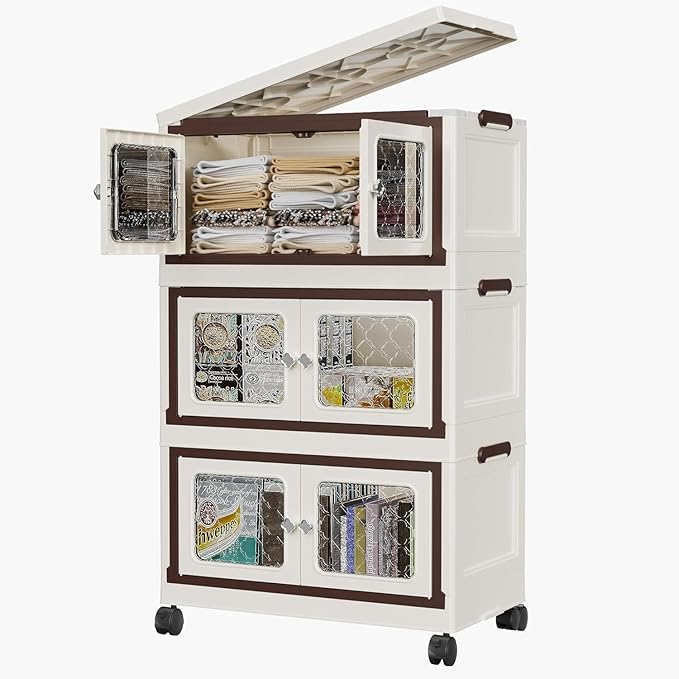 Stackable Storage Bins with Lids, Folding Storage box with Doors and Wheels, Collapsible Plastic Storage Bins for Closets, Stackable Storage Organizer, Storage Containers (Transparent, 3-Tier)