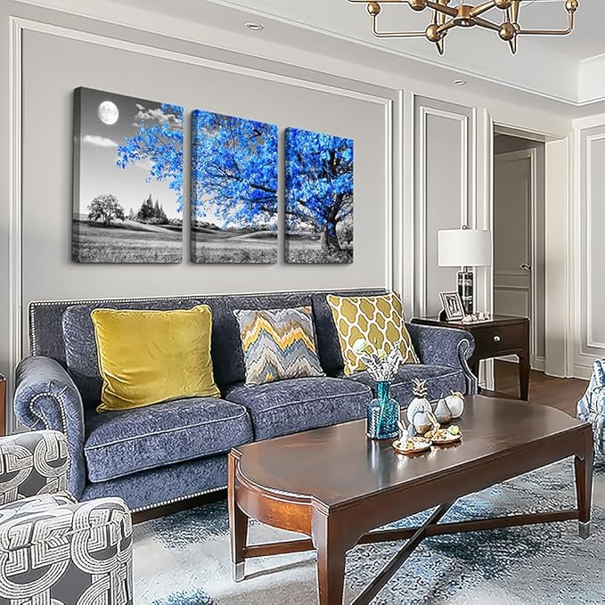 DZRWUBHS 3 Piece Canvas Wall Art For Living Room Modern Wall Decor For Office Black And White Blue Tree Wall Painting Scenery Wall Pictures Artwork For Bedroom Room Home Decor Prints Art 20" X 28"