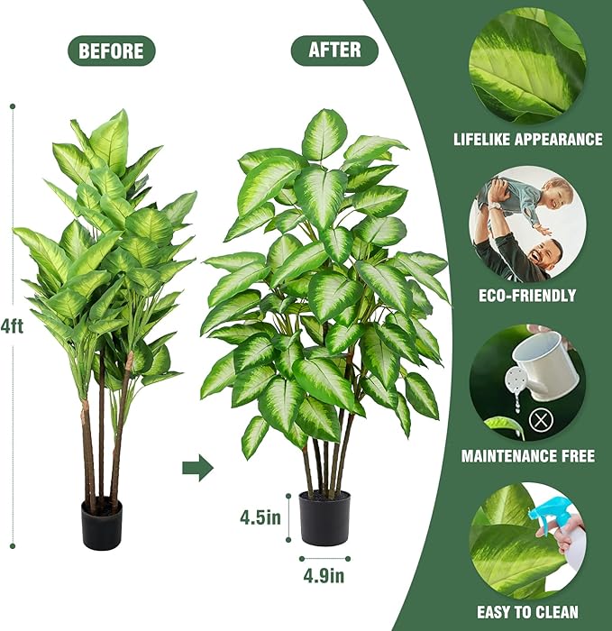 Artificial Golden Dieffenbachia 4ft Tall Artificial Plants Indoor Decorative Silk Plants Potted Faux Tropical Plants Lifelike House Floor Large Fake Plants for Home Living Room Decor