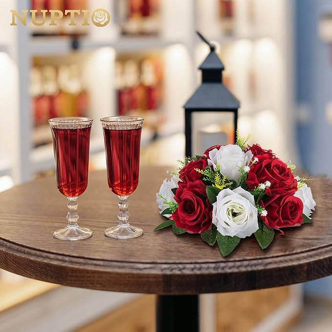 NUPTIO Artificial Flower Centrepieces for Tables - 2 Pcs Crimson & White Fake Flowers Roses Balls 9.5in Diameter - Silk Faux Rose Arrangement for Wedding Party Centerpiece Table Decorations