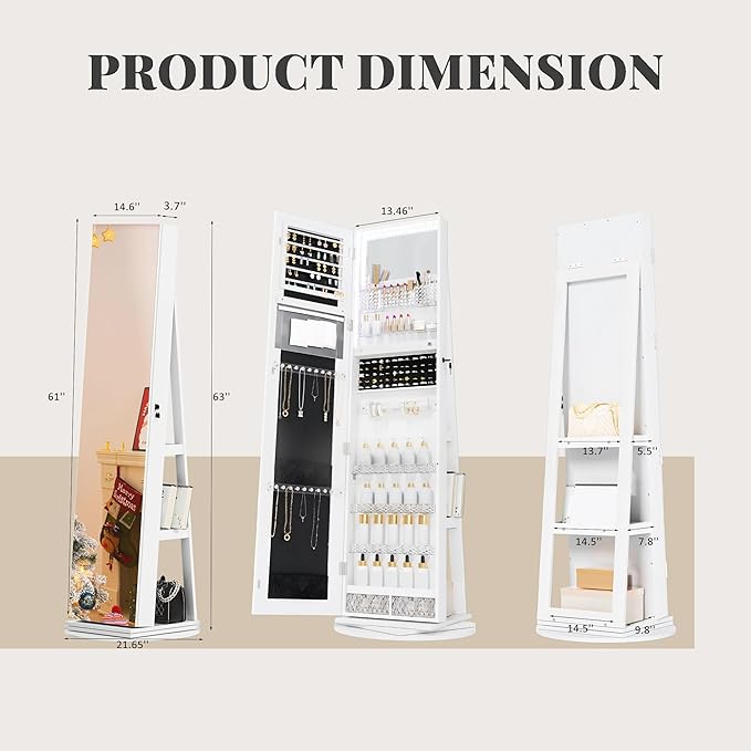 Mirror Jewelry Cabinet Standing, 360° Swivel Jewelry Armoire with LED Lights, Lockable Jewelry Organizer with Full-Length Mirror for Wonen, White