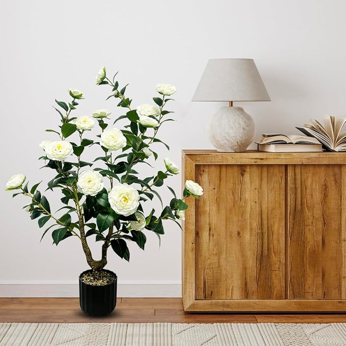Tall Artificial 2Pack White Camellia Tree Potted Bushes UV Resistant Potted Plants for Indoor Outdoor Home Garden (2Pack White Camellia Tree)