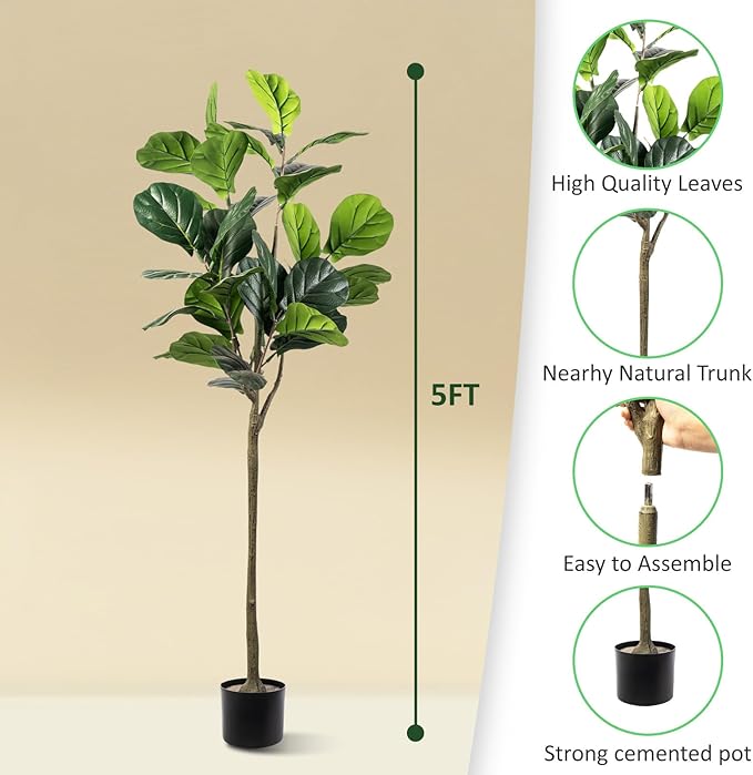Artificial Fiddle Leaf Fig Tree, 5FT Faux Ficus Lyrata Plant Tall Fake Tree for Home Decor Artificial Tree for Indoor Office Living Room (Fiddle Leaf Fig Tree, 5 FT)