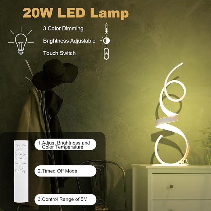 20W 2700LM 3 Colors Dimmable LED Art Table Lamp 21.4 Inch with Touch Switch for Living Room,Bedroom (White)