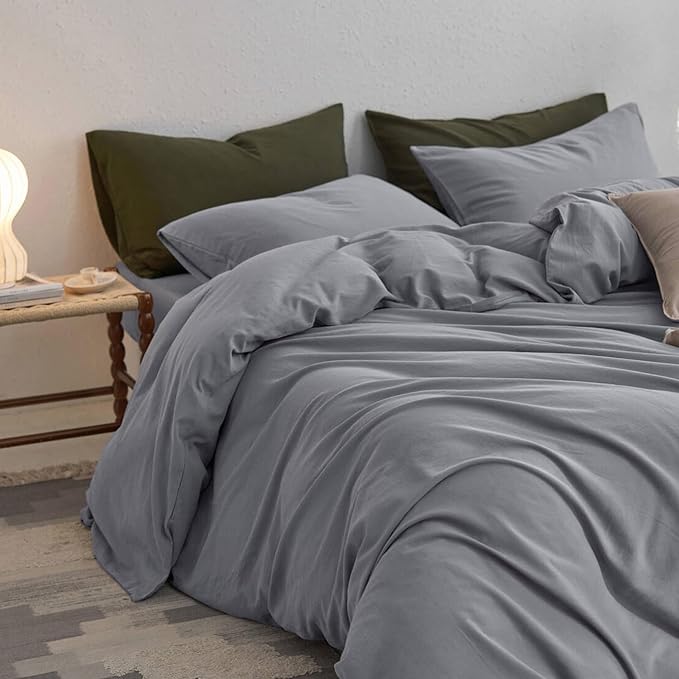 MooMee Queen Duvet Cover Set, 100% Washed Cotton Linen Like Twill Thick Sturdy Material Super Soft Breathable Durable Bedding for All Season, 3 Pieces (Polar Grey, Queen 90"x90")