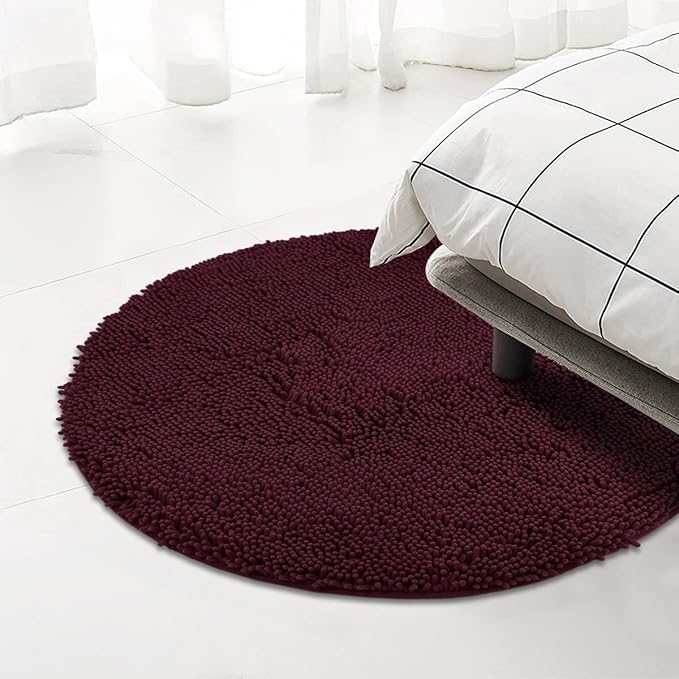 MAYSHINE Round Bath Mat Non-Slip Chenille 3 Feet Shaggy Bathroom Rugs Extra Soft and Absorbent Perfect Plush Carpet for Living Room Bedroom, Machine Wash/Dry-Burgundy