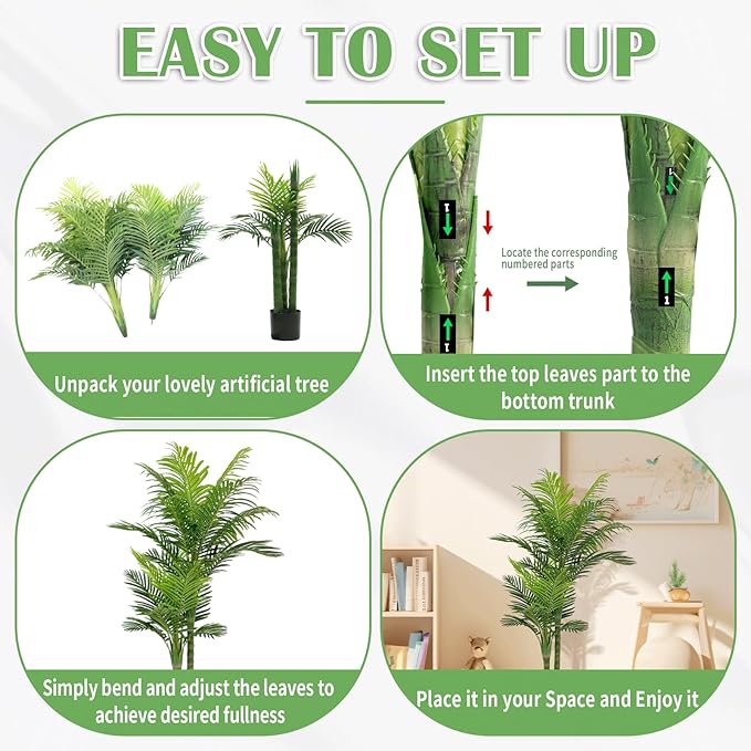 4FT Artificial Golden Cane Palm Tree – Realistic Faux Indoor & Outdoor Plant with Weighted Pot, UV Resistant & Easy Assembly Plastic Tropical Tree for Home or Office Décor