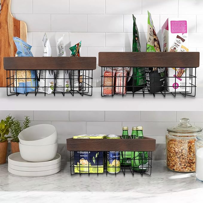 Set of 3 Metal Wire Baskets for Organizing Wood Top with Handles Storage Organizer Farmhouse Decor for Kitchen Cabinets Pantry Laundry Room Bathroom Closets Nesting Countertop Baskets