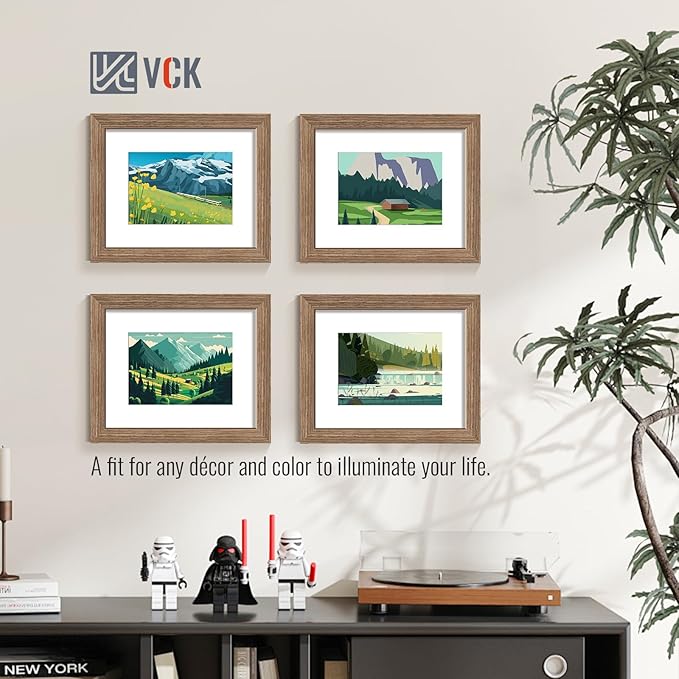 VCK 8x10 Picture Frame 5 Pack - Walnut, High-End Wood Poster Frames with Tempered Glass, Display 5x7 Photo with Mat or 8x10 without Mat, Art Gallery-Quality, Wall Hanging/Tabletop, Walnut