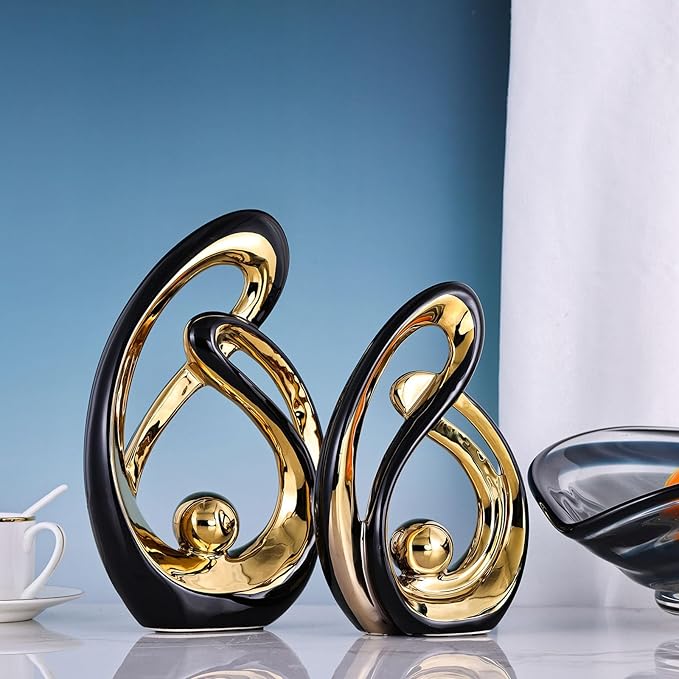 XMGZQ Home Decor Accent,Porcelain Art Mid Century Bookshelf Decorations,Gold Centerpieces for Tables,Abstract Ceramic Statue Sculpture for Coffee Table Mantel Tv Stand Centerpieces (Black, Large)