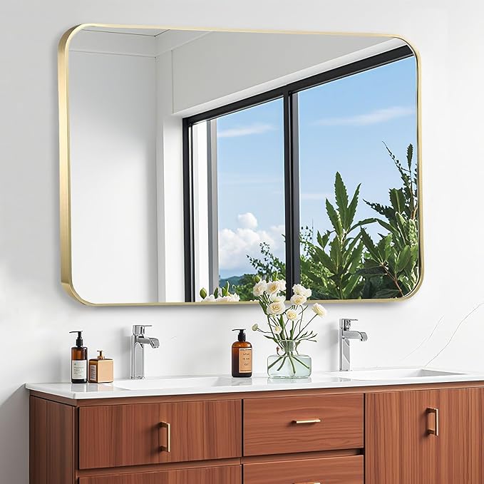 40x30 Inch Gold Bathroom Mirror, Brushed Brass Gold Metal Framed Rectangular Mirror with Rounded Corner, Bathroom Vanity Mirror for Bedroom or Living Room, Horizontal/Vertical
